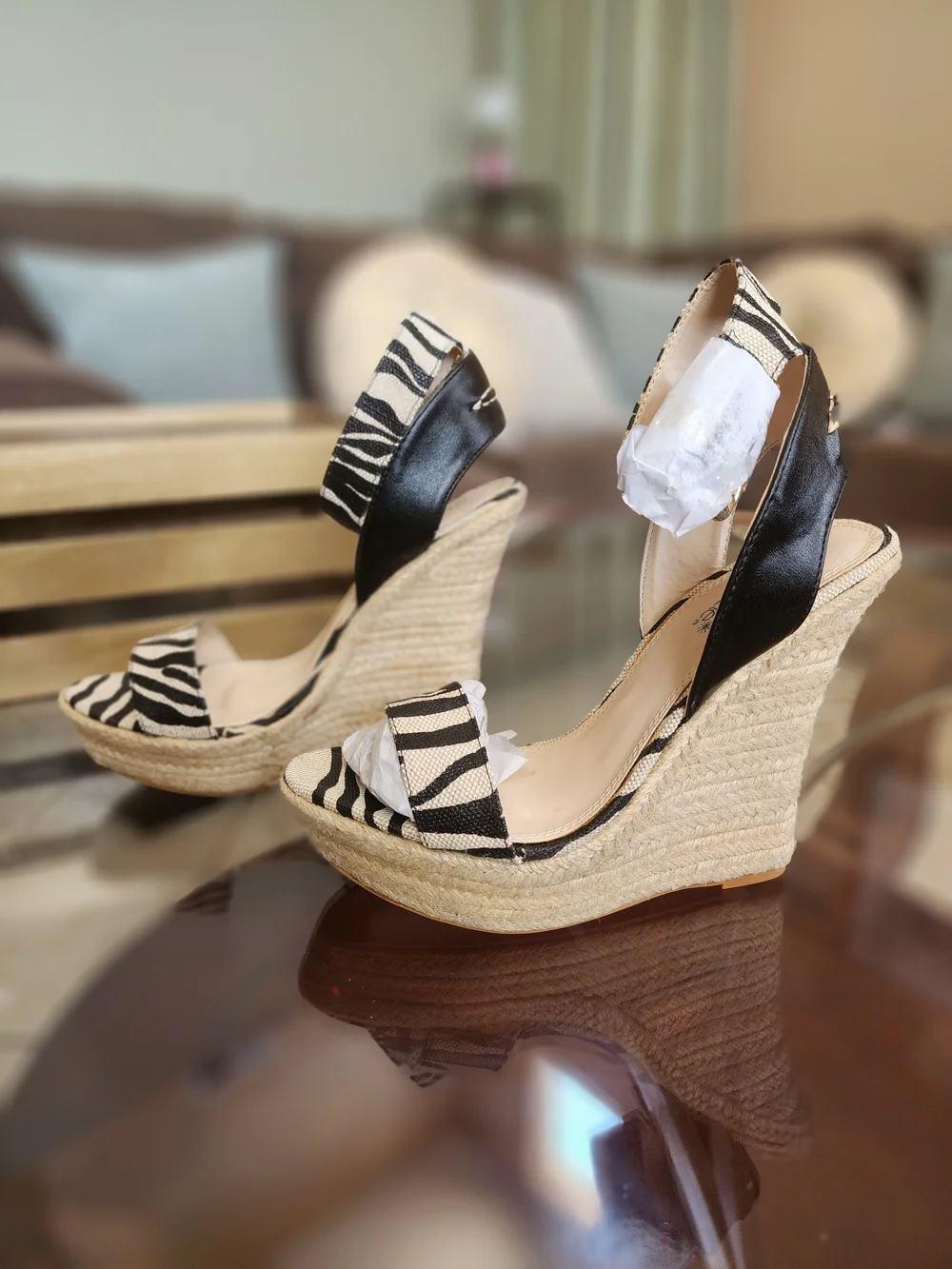 Shoe Dazzle Zebra Print Espadrille Wedge Sandals - Black/Natural